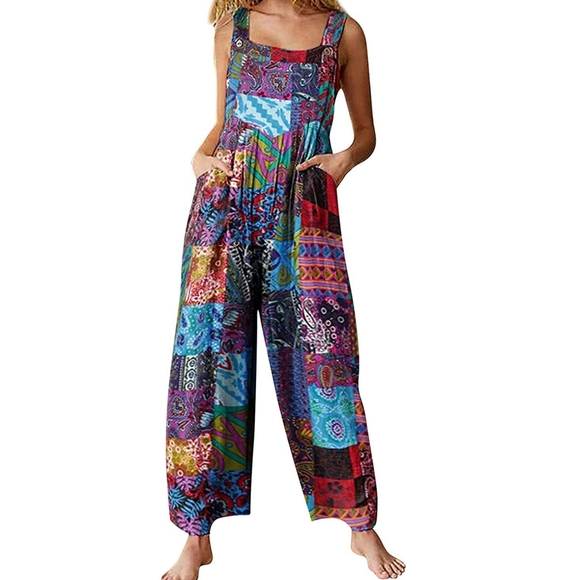Women's jumpsuit Loose Colorblock Floral Print Wide Leg Button Bib Overall - Picture 1 of 5